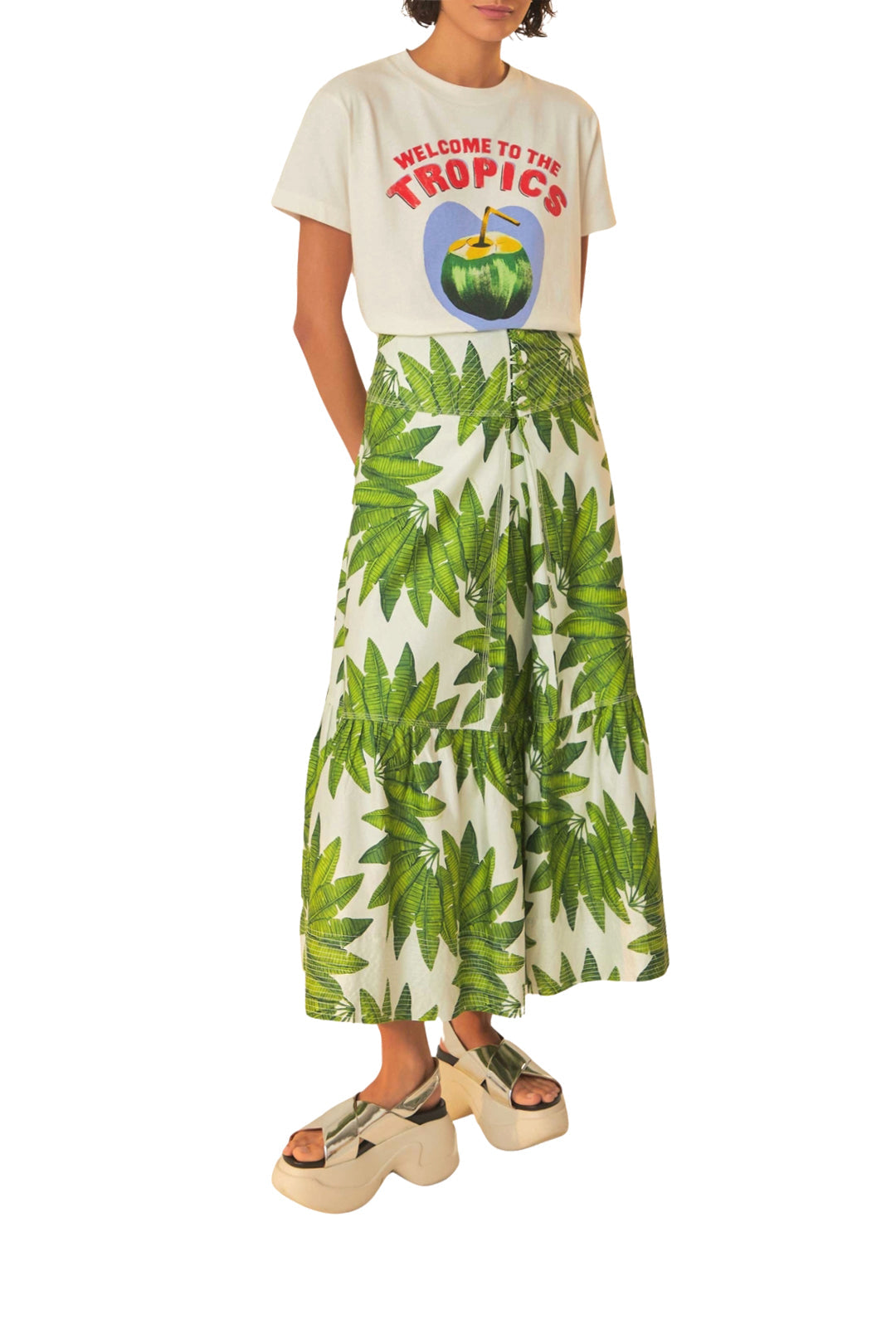 Jupe longue Palm Fan en coton - Vert