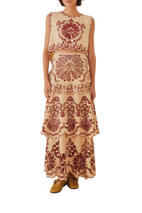 Jupe midi Richelieu en lin - Beige