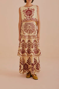 Jupe midi Richelieu en lin - Beige