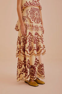 Jupe midi Richelieu en lin - Beige