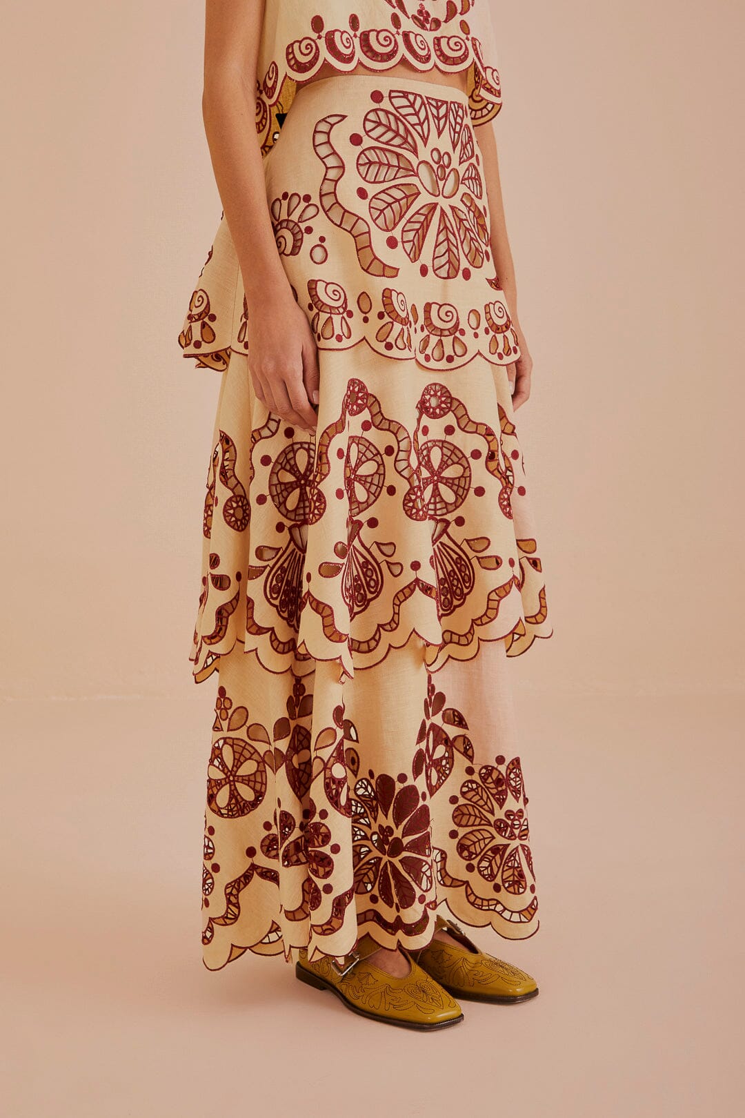 Jupe midi Richelieu en lin - Beige