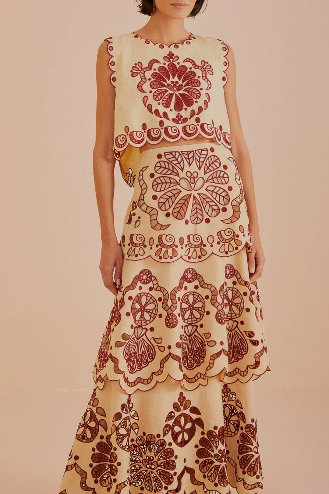 Jupe midi Richelieu en lin - Beige
