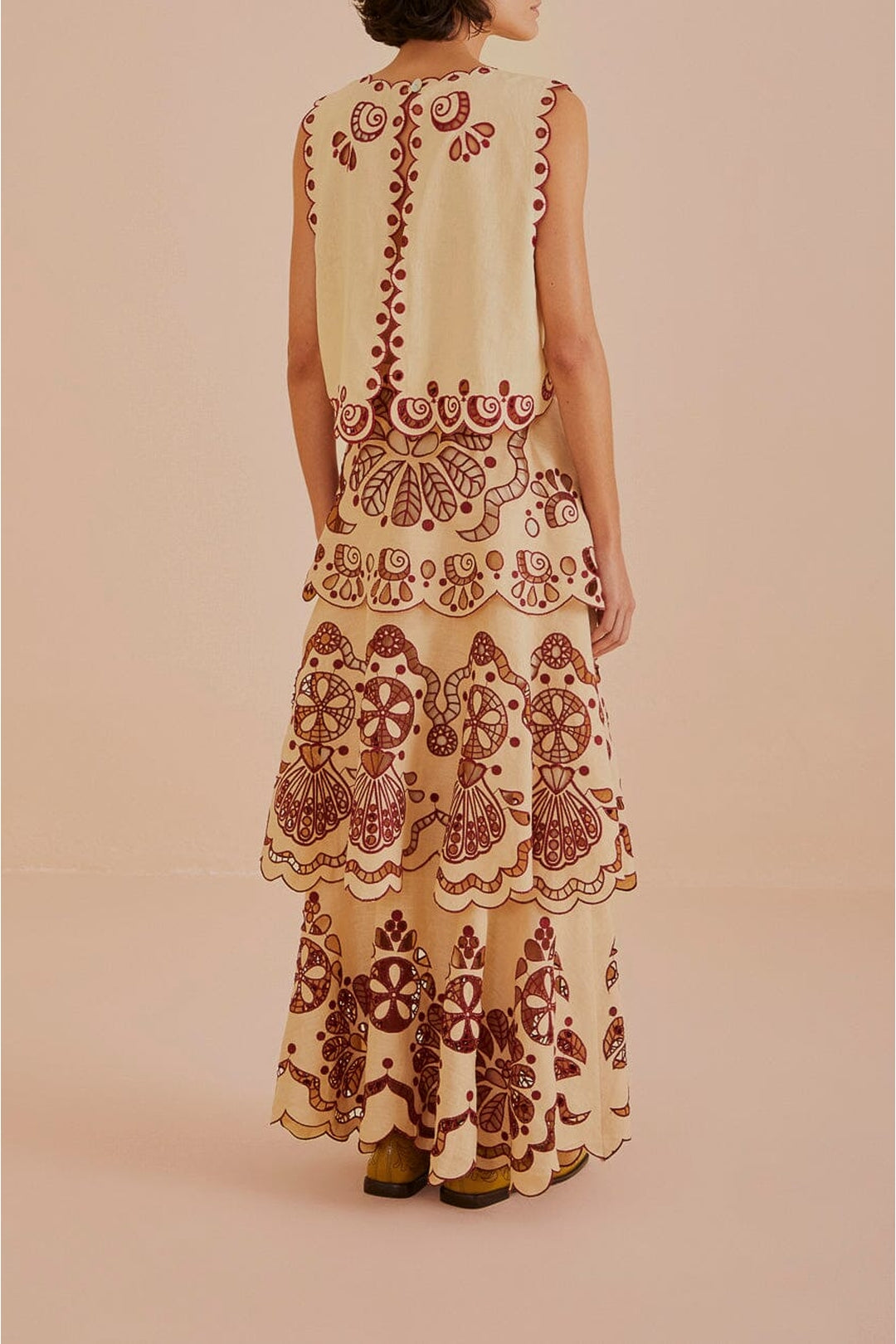 Jupe midi Richelieu en lin - Beige