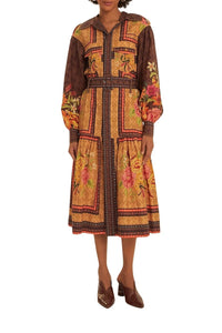 Robe midi Charming Garden à manches longues en coton - Orange