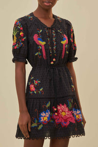 Robe courte brodée en coton - Noir