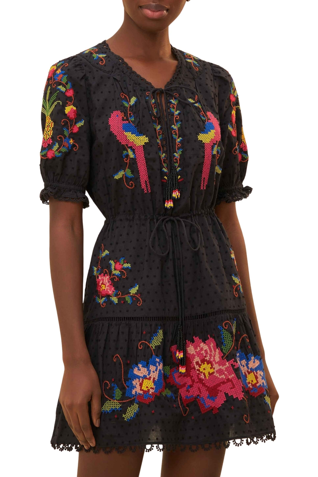 Robe courte brodée en coton - Noir