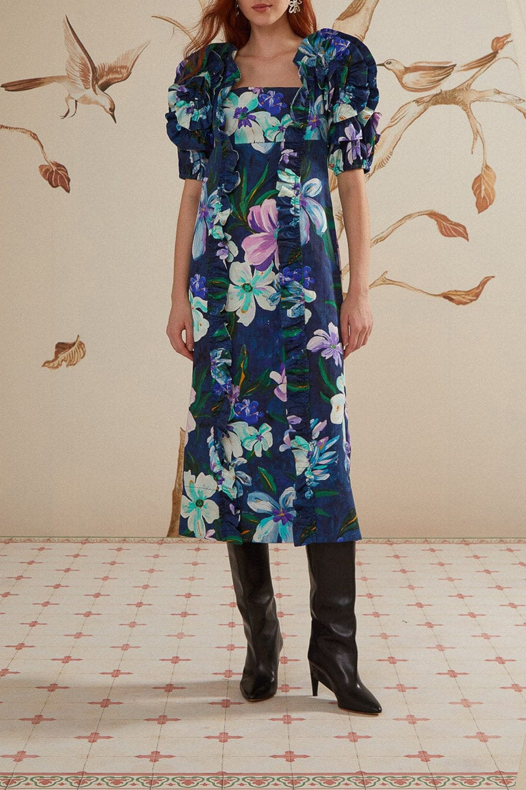 Robe midi Floraline à manches courtes et volants en coton - Bleu