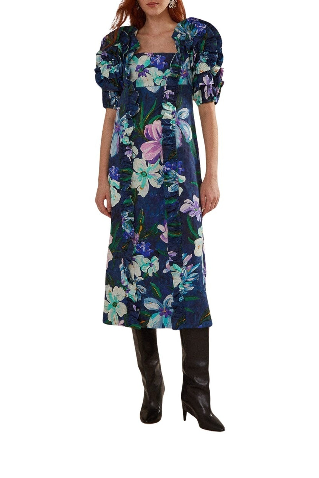 Robe midi Floraline à manches courtes et volants en coton - Bleu