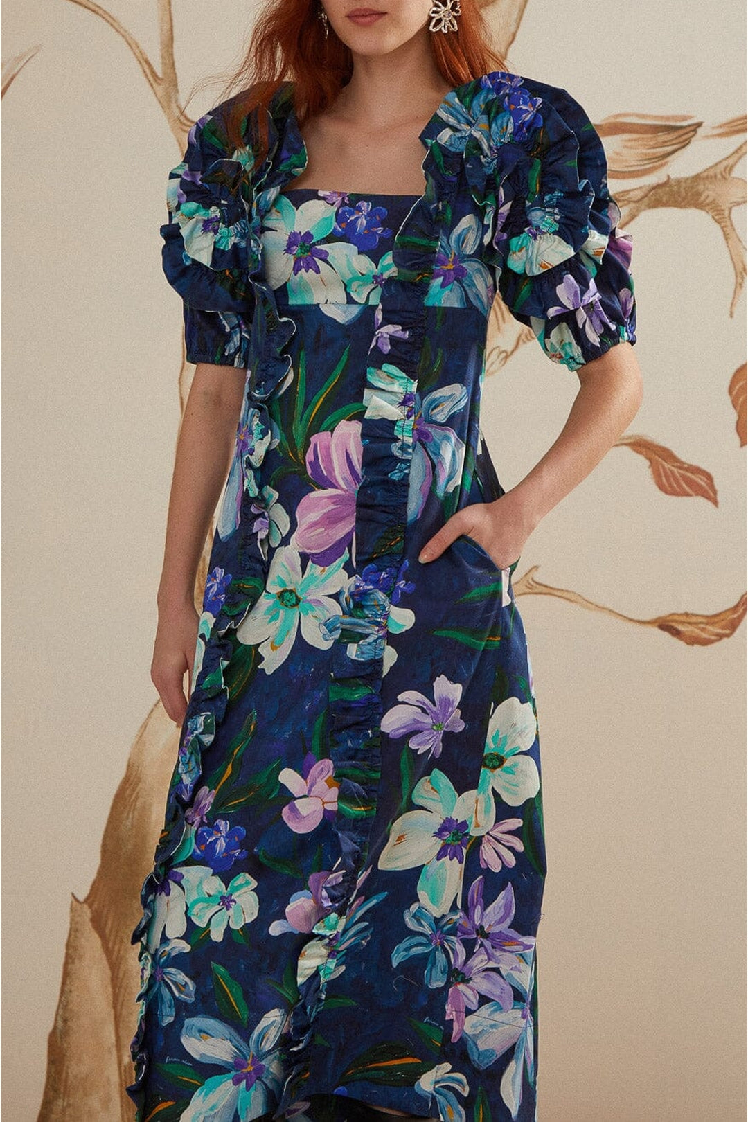 Robe midi Floraline à manches courtes et volants en coton - Bleu