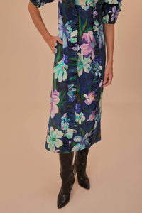 Robe midi Floraline à manches courtes et volants en coton - Bleu
