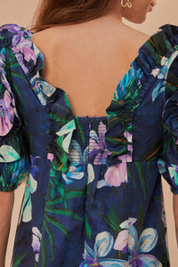 Robe midi Floraline à manches courtes et volants en coton - Bleu