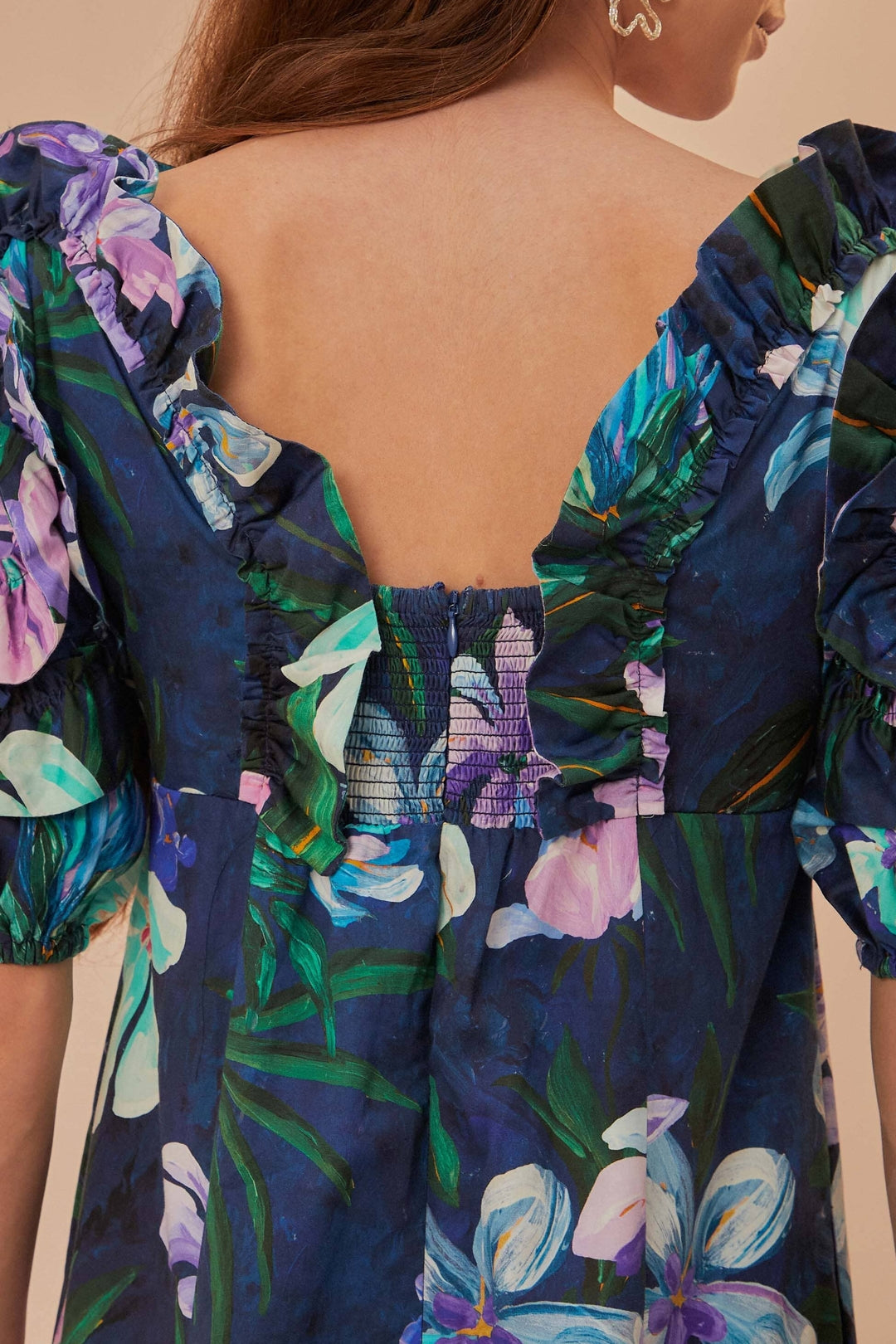 Robe midi Floraline à manches courtes et volants en coton - Bleu
