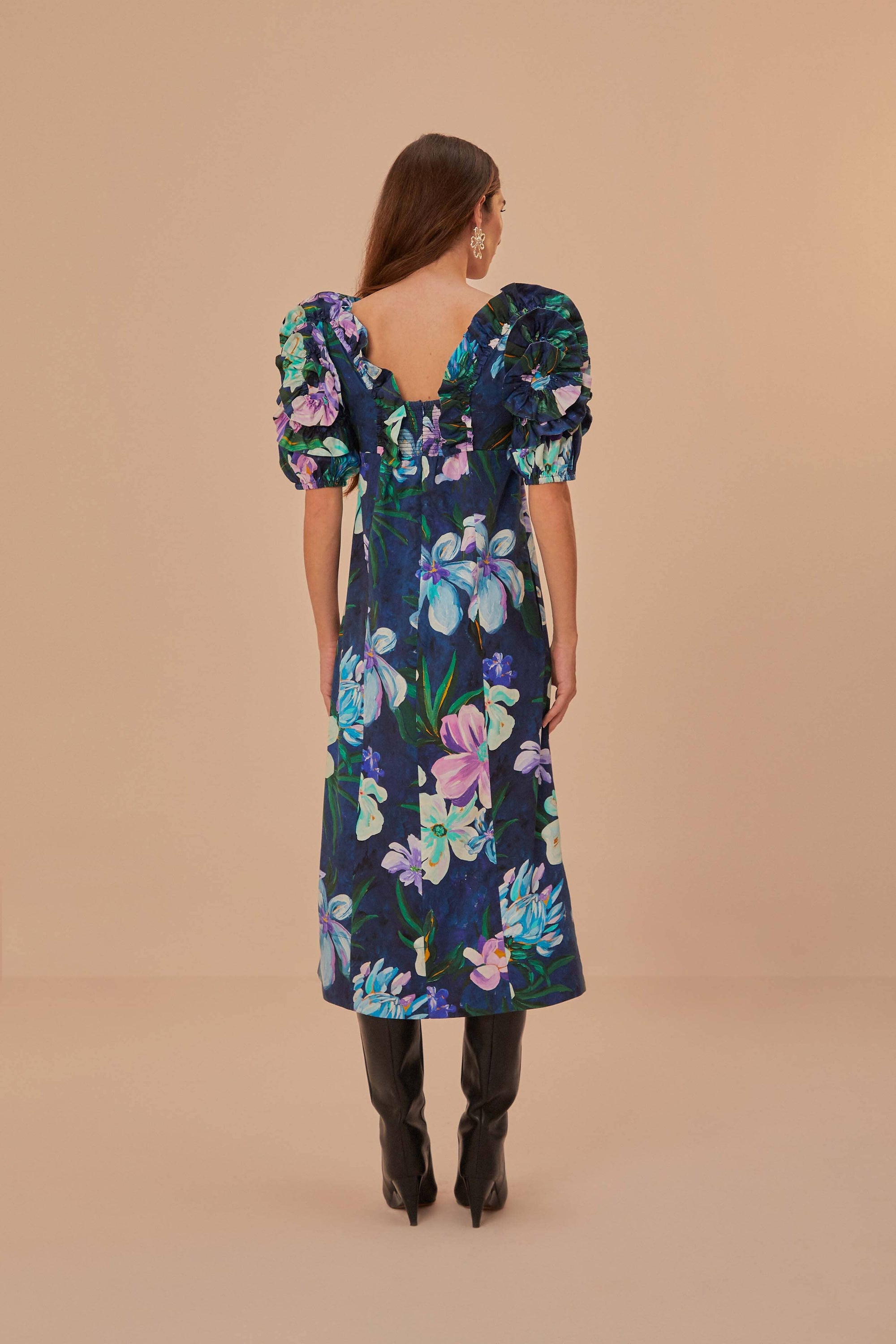 Robe midi Floraline à manches courtes et volants en coton - Bleu