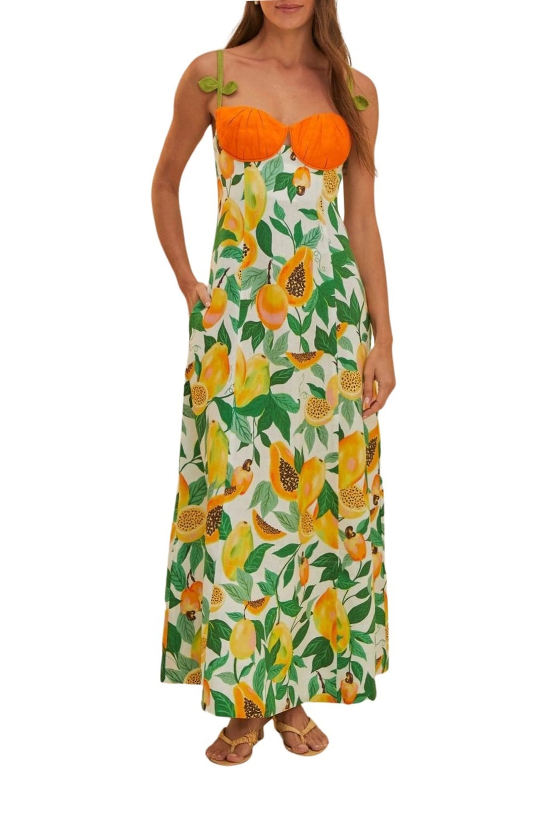 Robe longue sans manches Papaya Salad en lin - Multicolore