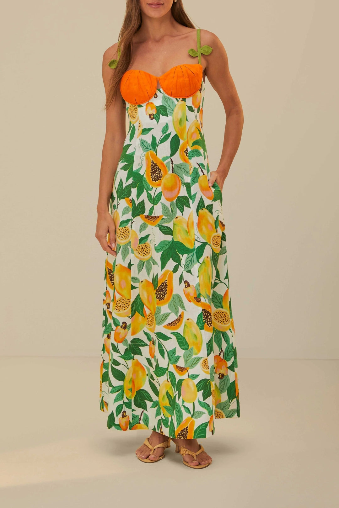 Robe longue sans manches Papaya Salad en lin - Multicolore