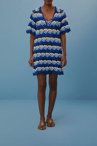 Robe Fan Stitch en crochet en coton - Bleu