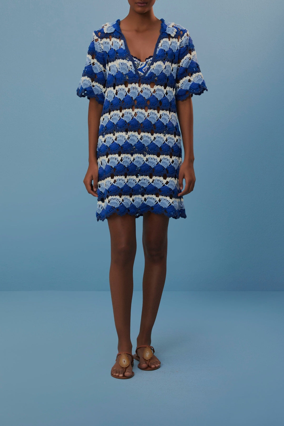 Robe Fan Stitch en crochet en coton - Bleu
