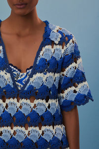 Robe Fan Stitch en crochet en coton - Bleu
