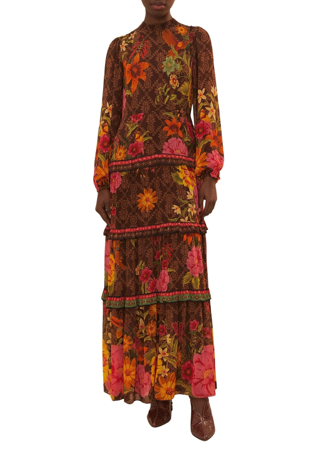 Robe longue Charming Garden à manches longues - Marron