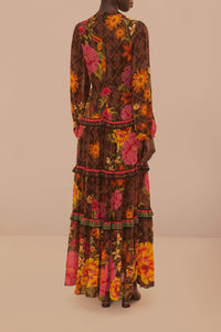 Robe longue Charming Garden à manches longues - Marron