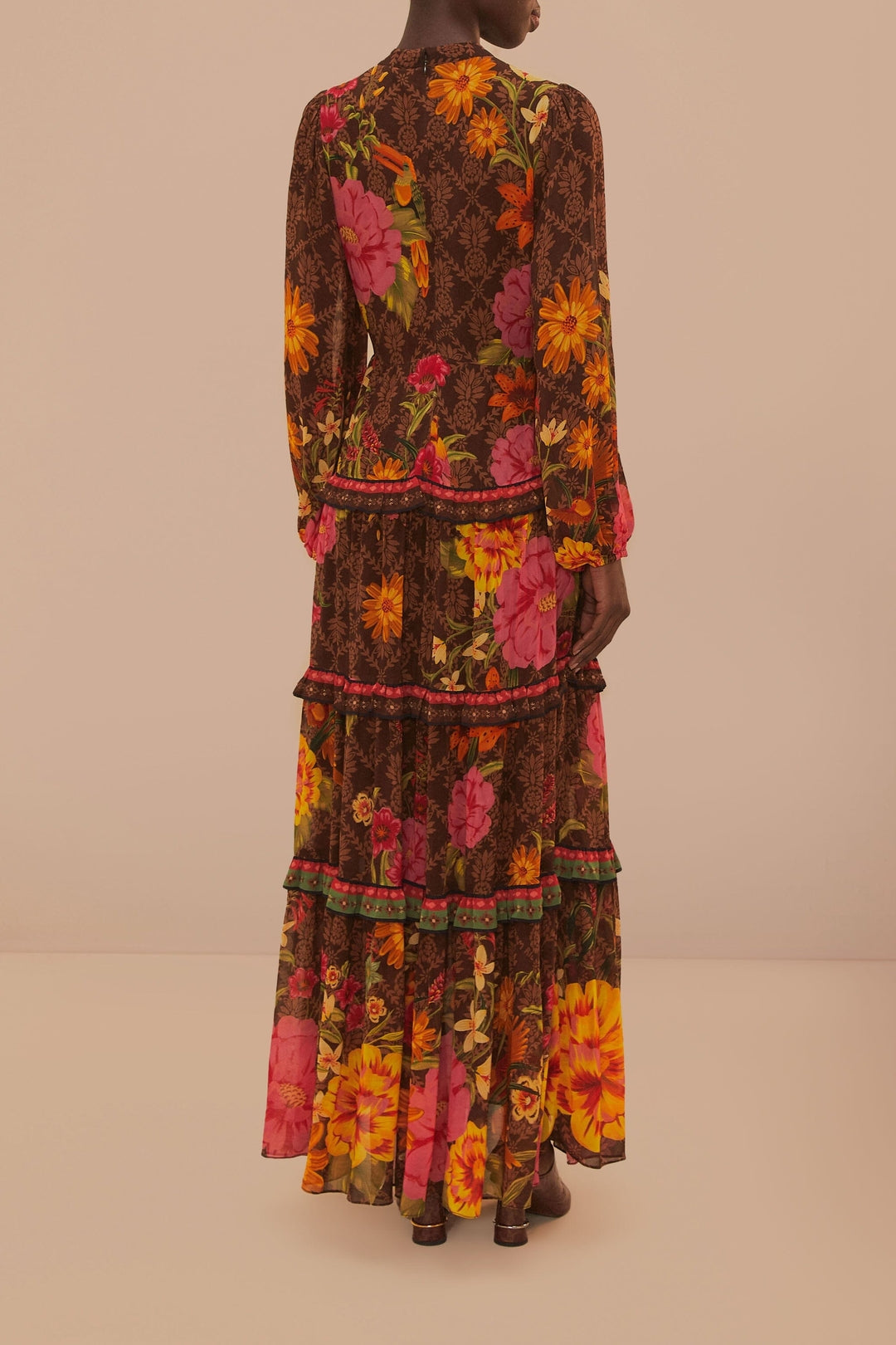 Robe longue Charming Garden à manches longues - Marron