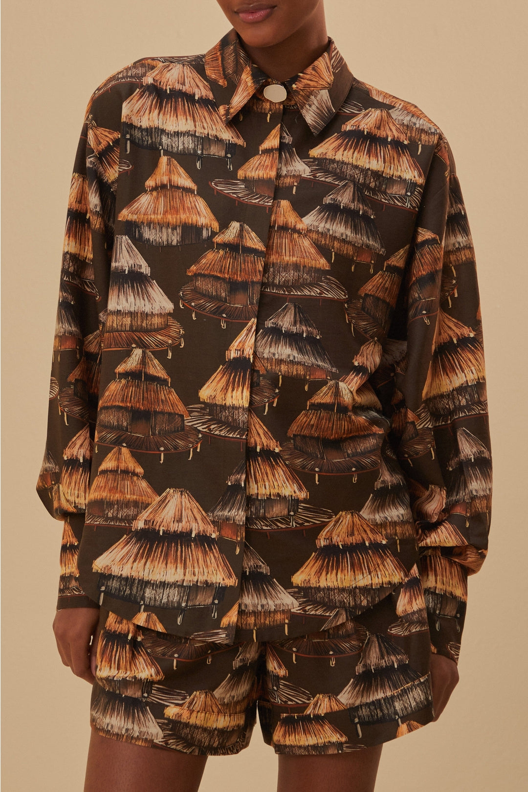 Chemise Shuhu à manches longues en coton mélangé - Marron
