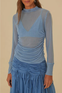 Blouse à manches longues en tulle - Bleu
