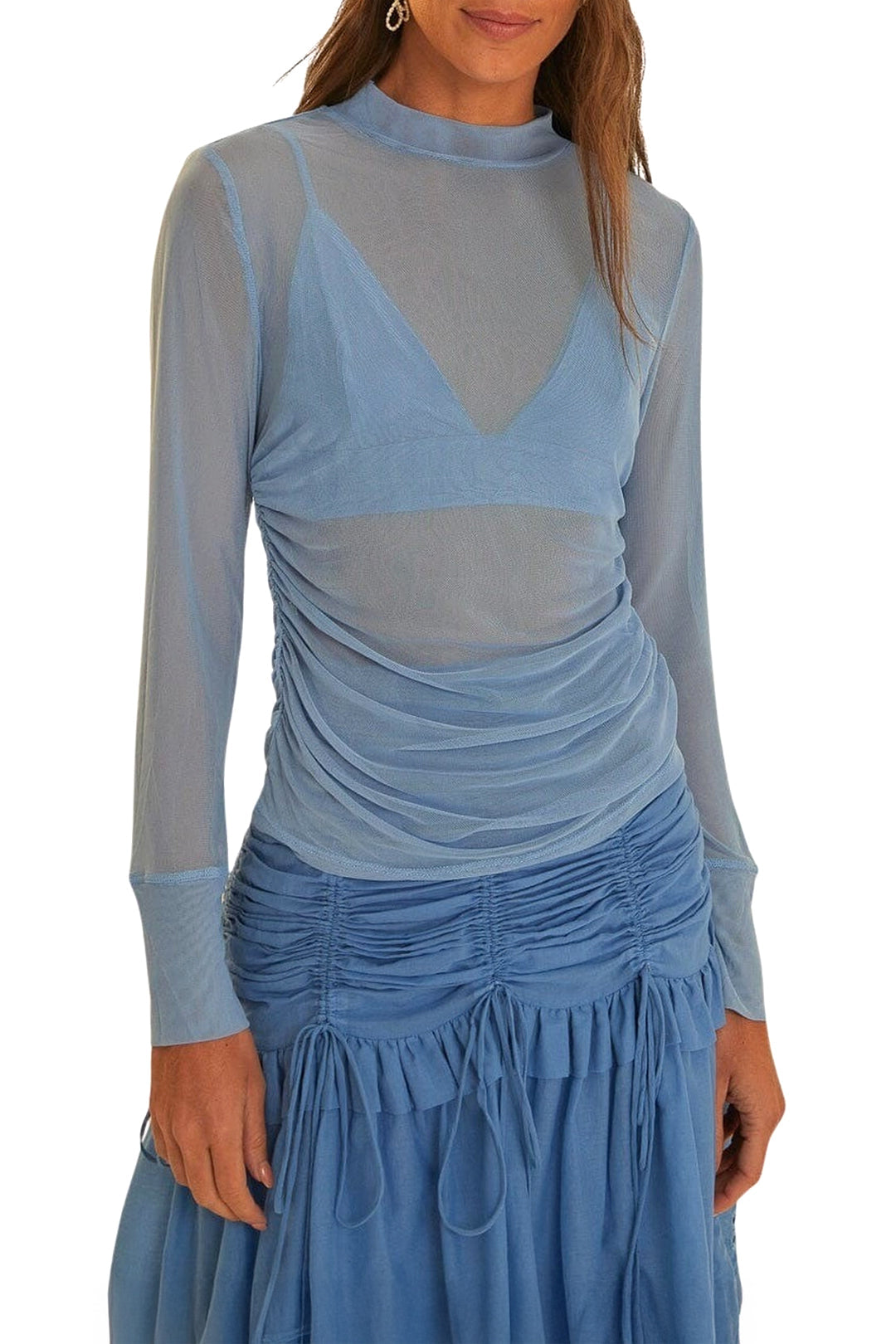 Blouse à manches longues en tulle - Bleu
