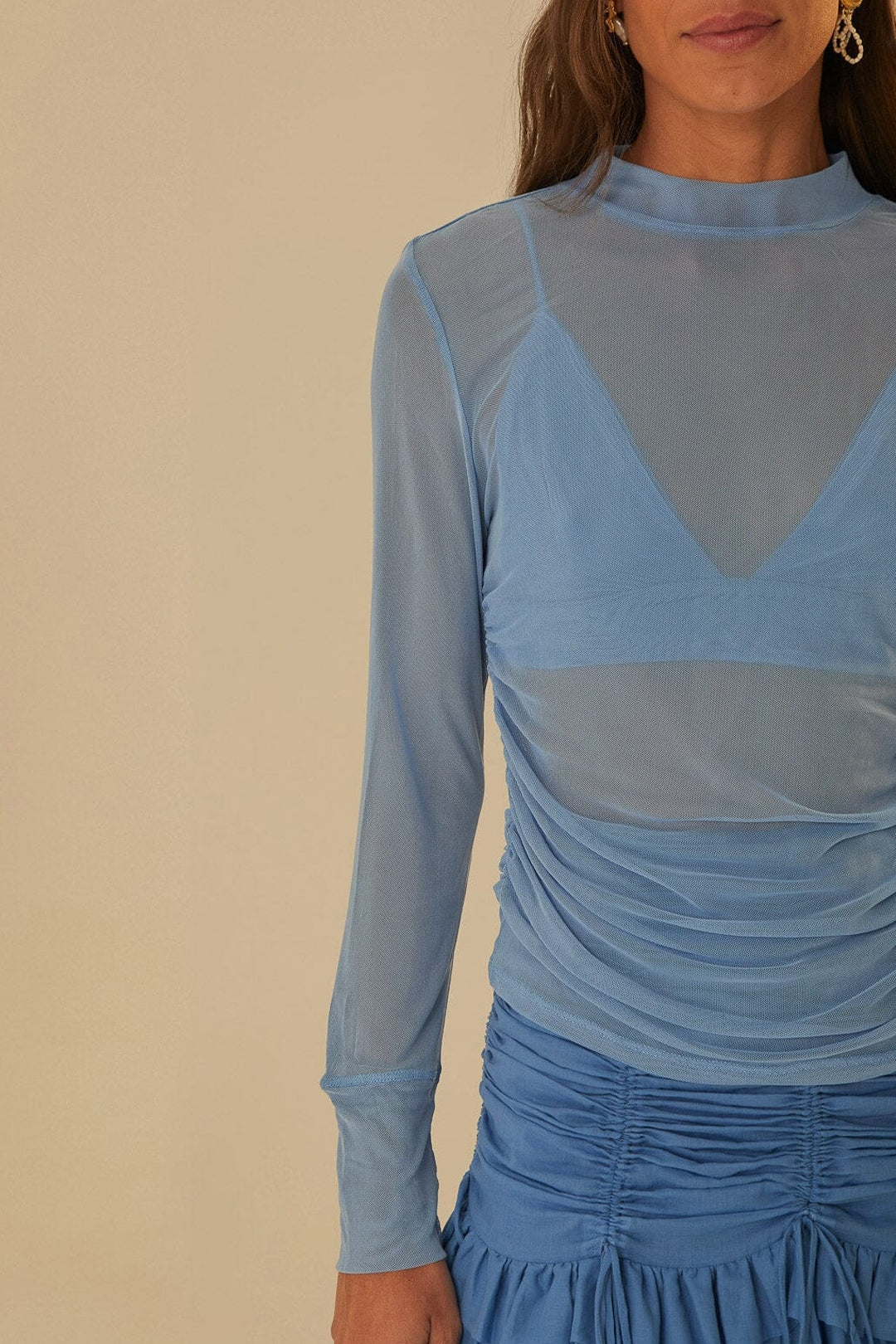 Blouse à manches longues en tulle - Bleu