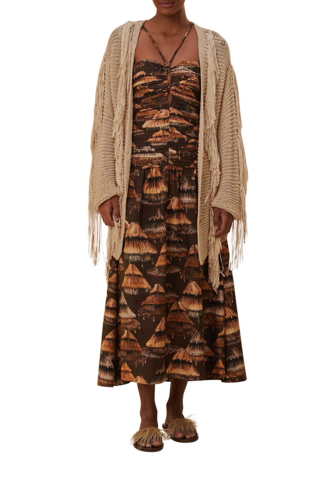 Cardigan à rayures et franges - Beige