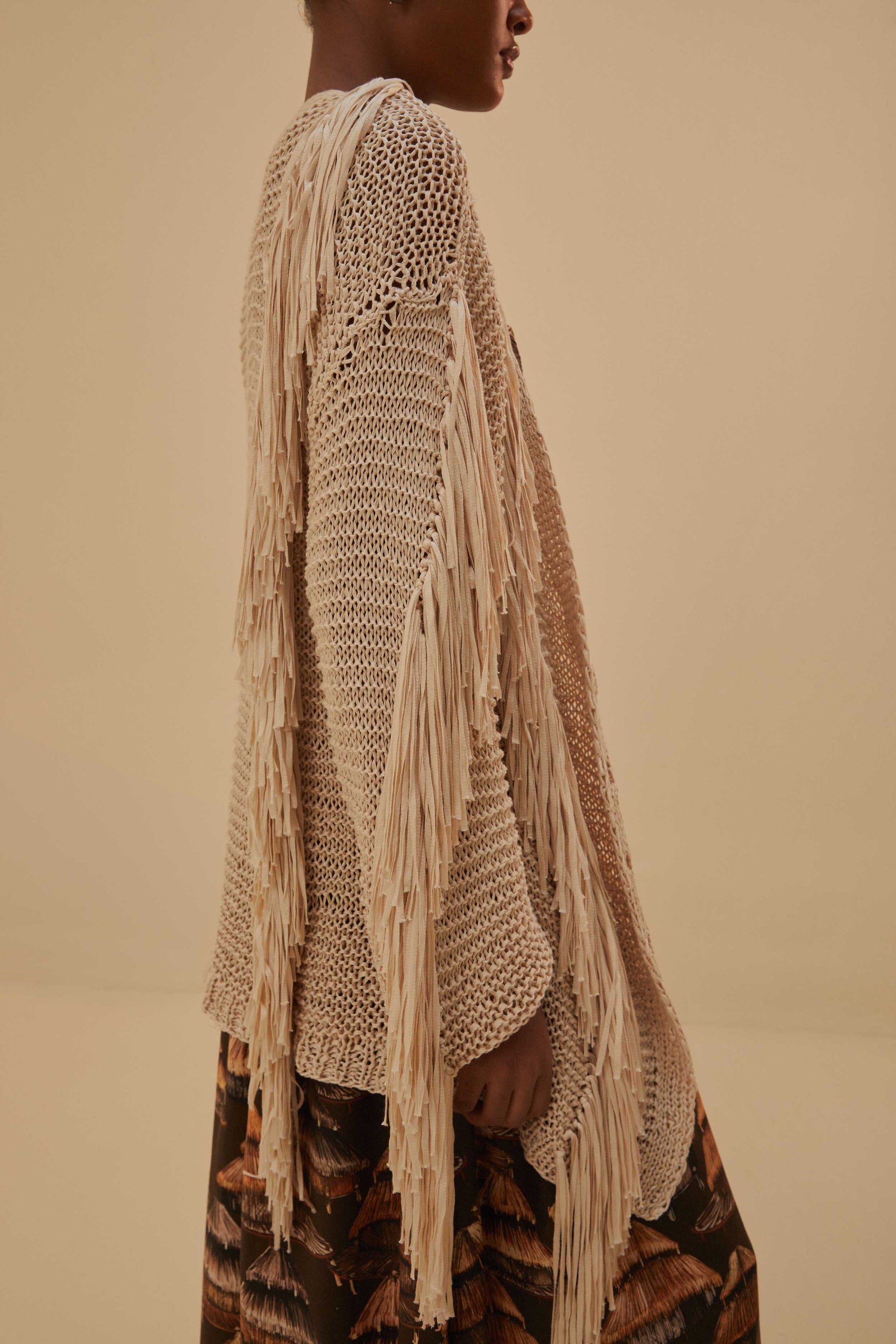 Cardigan à rayures et franges - Beige