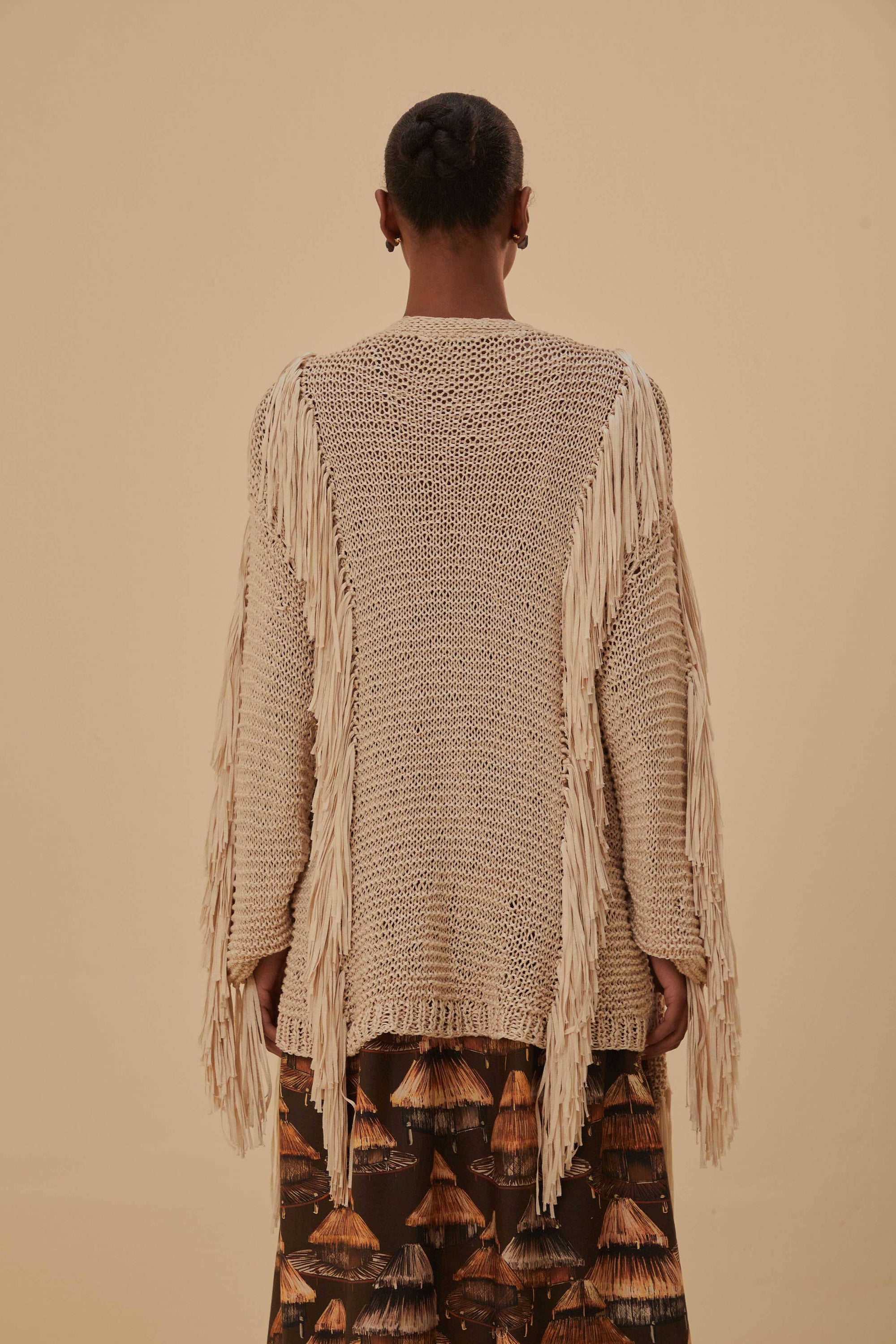 Cardigan à rayures et franges - Beige