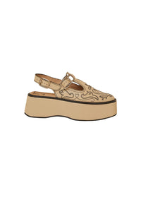Sling back à plateforme brodées et lanières en cuir - Beige