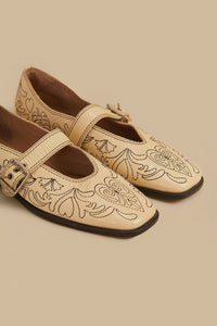 Ballerines brodées en cuir - Beige