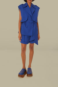 Short taille haute plissé en coton - Bleu