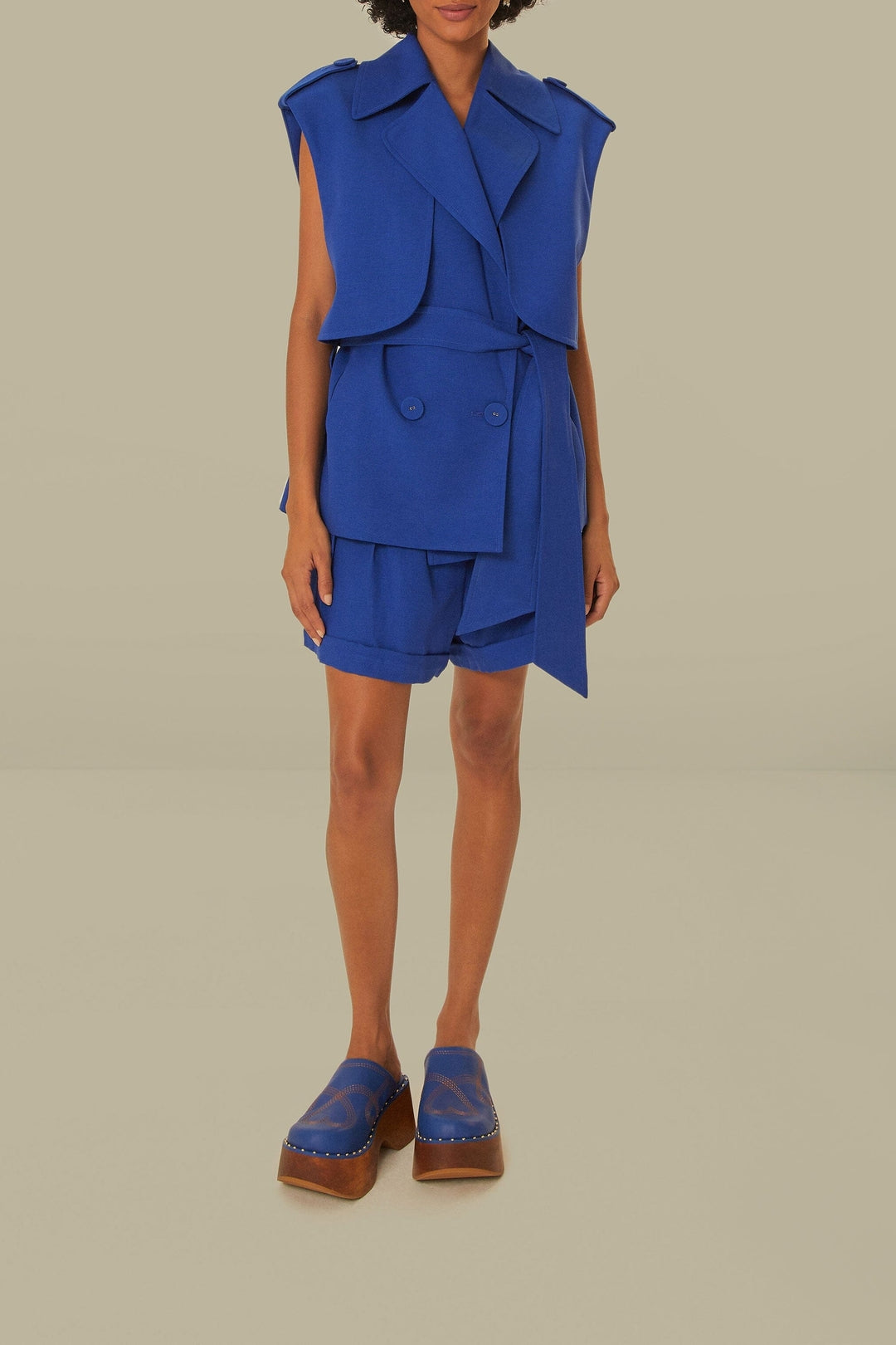 Short taille haute plissé en coton - Bleu