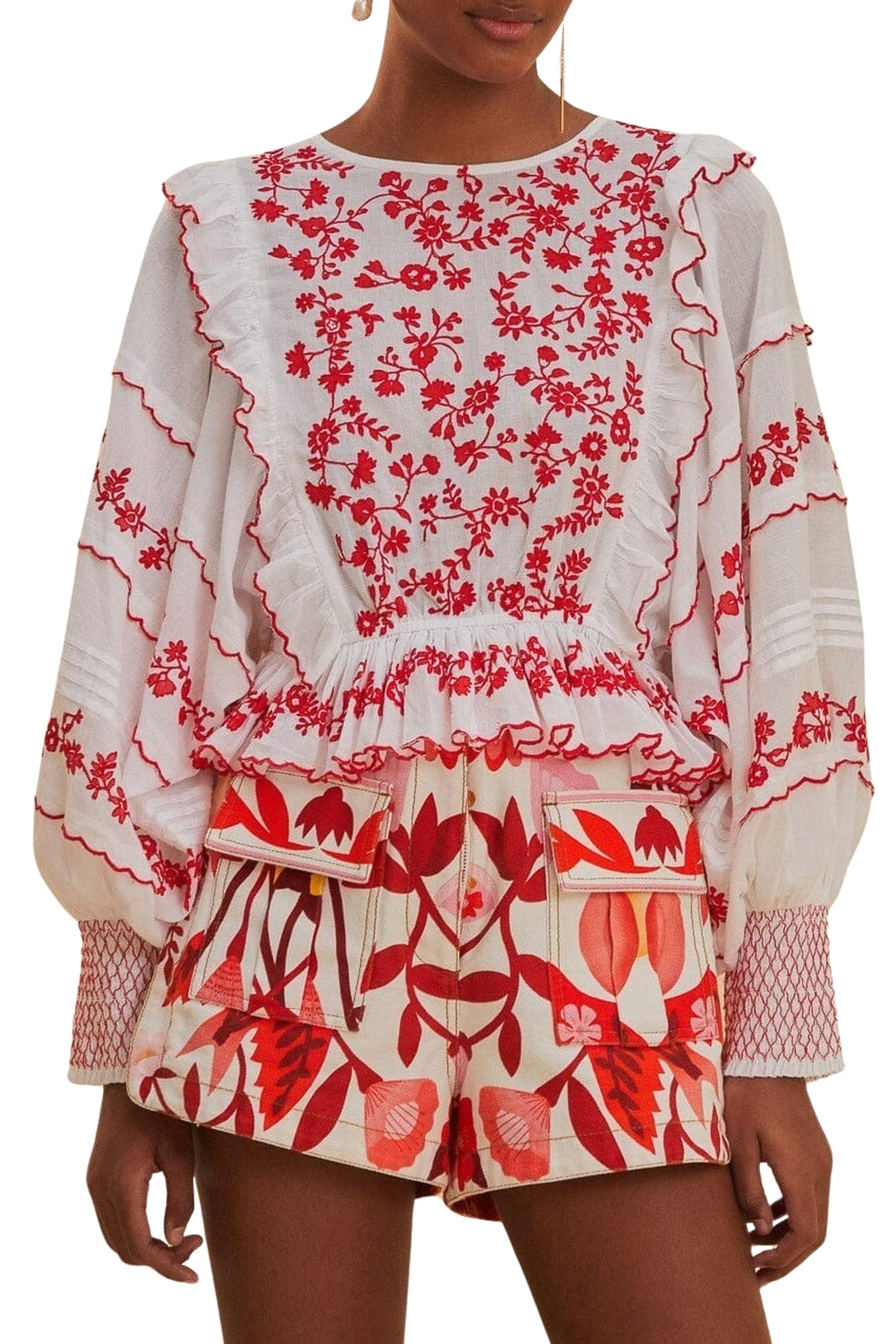 Blouse à manches longues brodé en coton - Rouge
