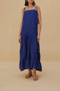 Robe longue sans manches à lacets en coton - Bleu