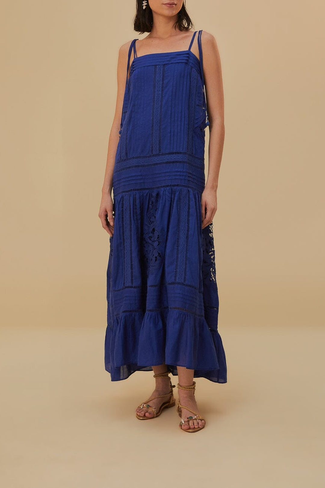 Robe longue sans manches à lacets en coton - Bleu