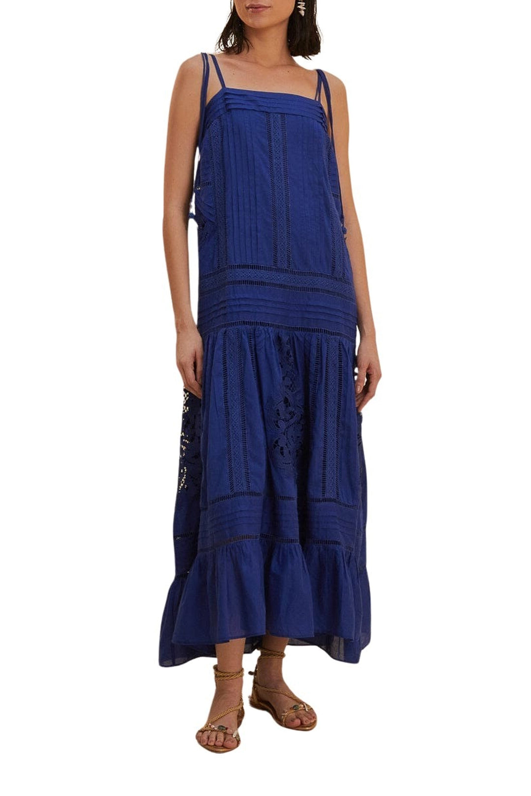 Robe longue sans manches à lacets en coton - Bleu