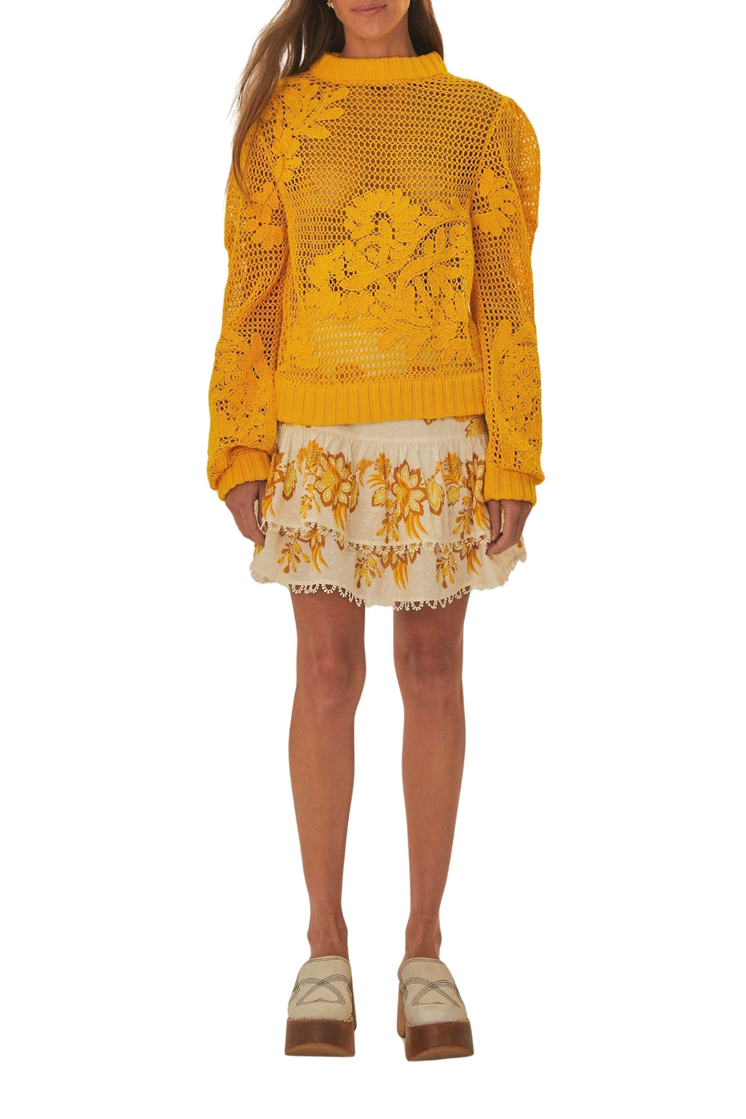 Pull brodé en maille de coton - Jaune