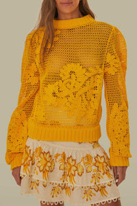 Pull brodé en maille de coton - Jaune