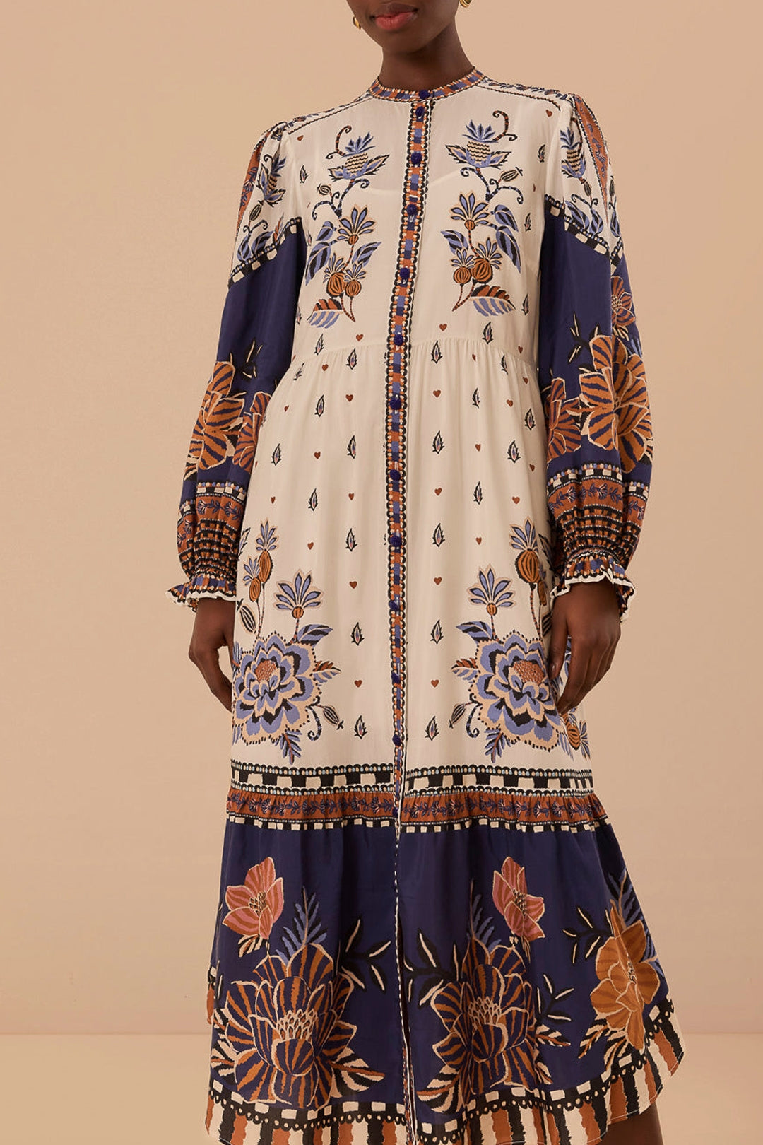 Robe midi Ainika à manches longues en coton - Blanc