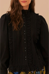 Chemise à dentelle et plis en coton - Noir