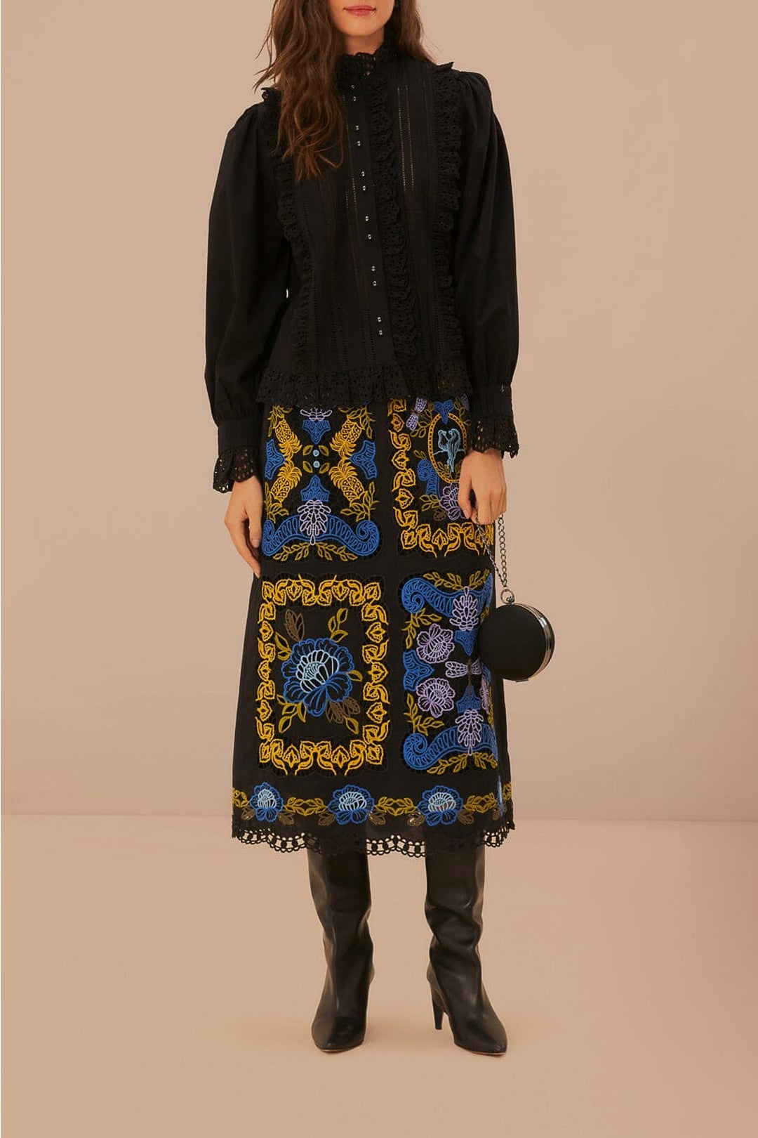 Chemise à dentelle et plis en coton - Noir
