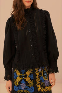 Chemise à dentelle et plis en coton - Noir