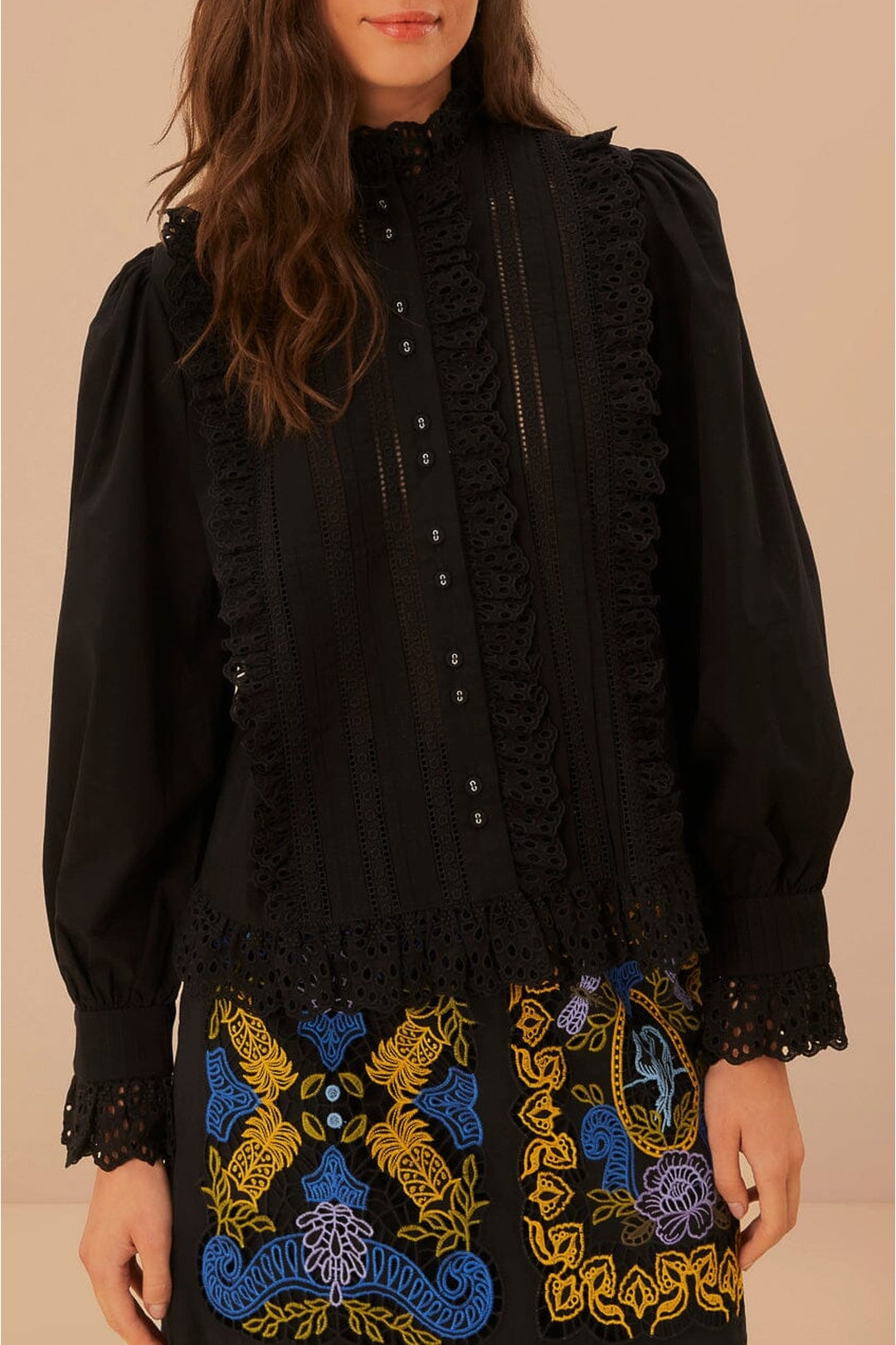 Chemise à dentelle et plis en coton - Noir