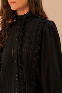 Chemise à dentelle et plis en coton - Noir