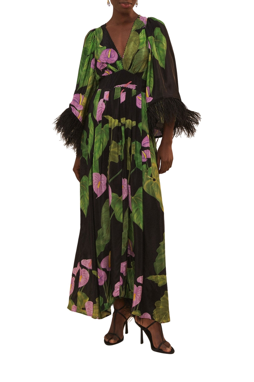Robe longue Caftan Anthurium à manches évasées - Noir