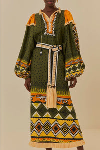 Robe midi Création à manches longues en lin - Vert